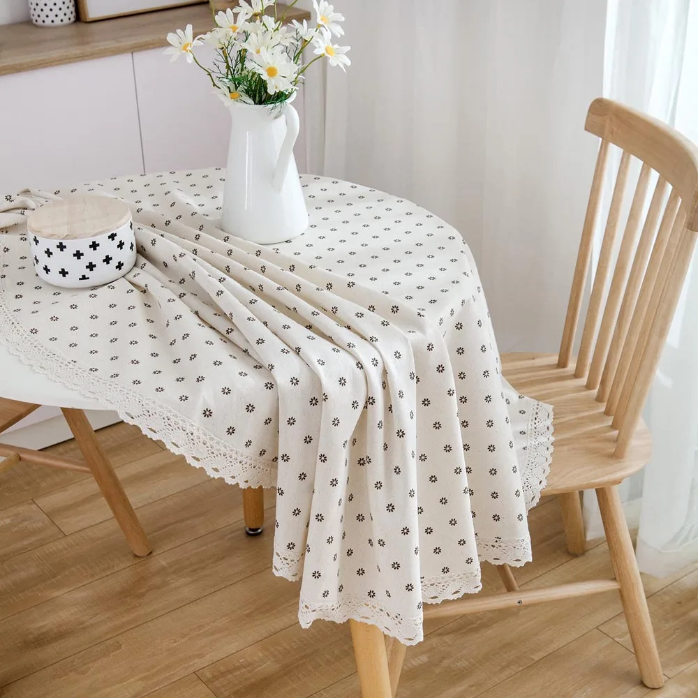 Круглая скатерть из хлопка и льна с кружевной каймой цветочным узором | Дом сад