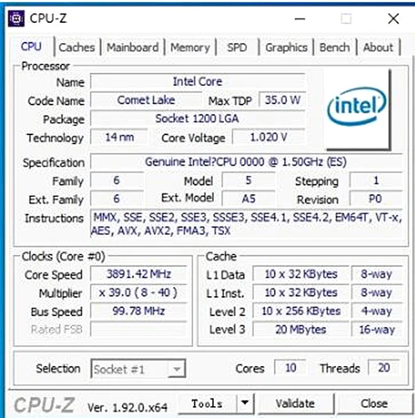 Процессор Intel Core i9 10900T es QTB0 1 5 ГГц 10 20 Hilo de CPU L2 = 2 M L3 20M 35W LGA 1200|Процессоры| |