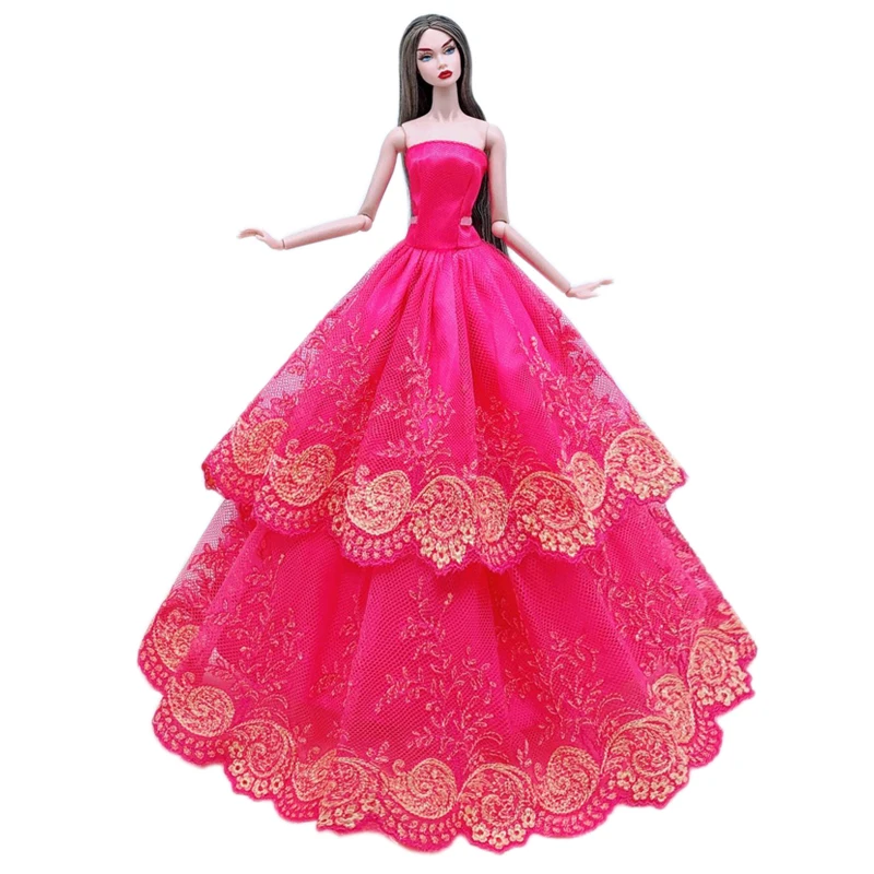 

Hot Pink Floral Off Shoulder Lace Princess Dress For Barbie Doll Clothes Wedding Party Gown 1/6 BJD Dolls Accessories Child Gift