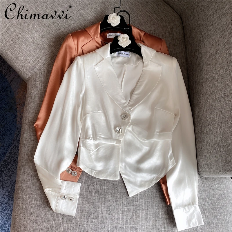 

2021 Summer French Fashion Slim Rhinestone Buckle Irregular Suit Collar Shirts Women Sun Protection Long Sleeve Satin Blouse Top