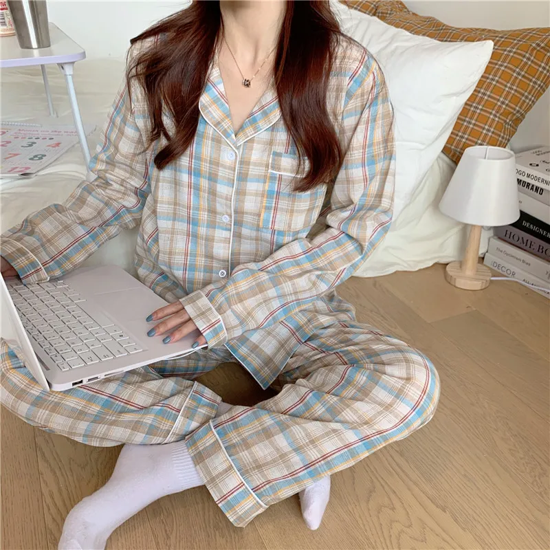 

Alien Kitty Sweet Sleepwear Warm Cute 2021 Plaid Gentle Two-Piece Outwear Suits Sets Chic Women Soft Loose Pajamas Home Clothes