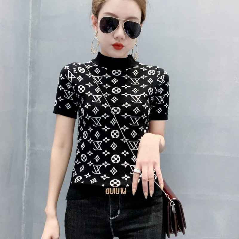 

Half-Turtle-Neck Knit Top 2021 Spring Women's Casual T-shirt Letter Printed Short-Sleeve Women's Clothing