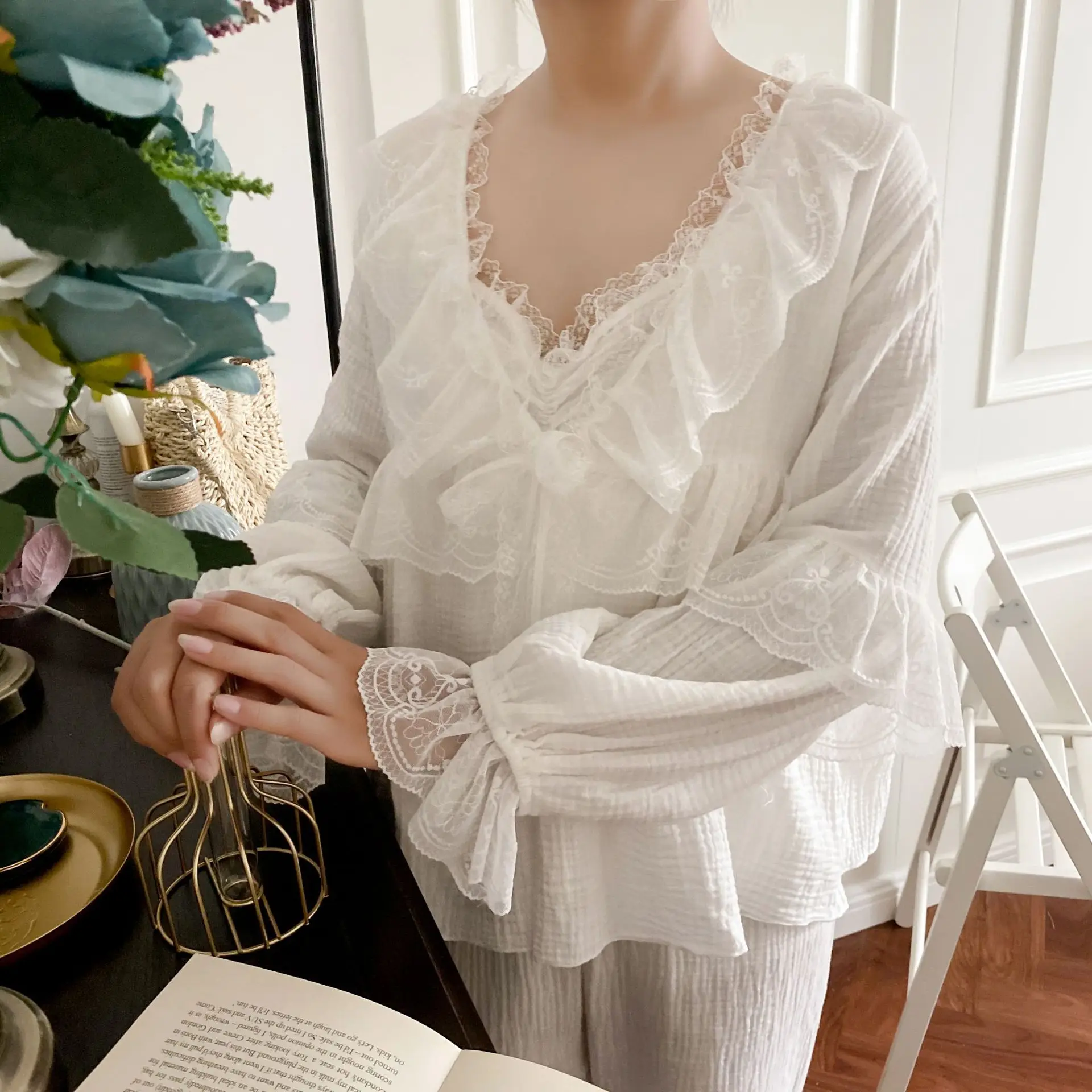 

2021 Spring/Autumn New Pajamas Cotton V-neck Lace Puff Sleeve Homewewar Cute Sweet Cardigan Three-Piece Set Sleepwear 5 Colors