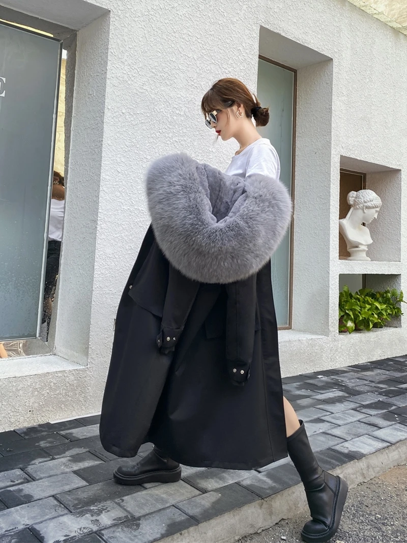 Fur Coat Women Winter Jacket Real Fur Parkas 2020 New Rabbit Fur Liner Detachable Long Over-the-knee Coat Thick Warm Streetwear