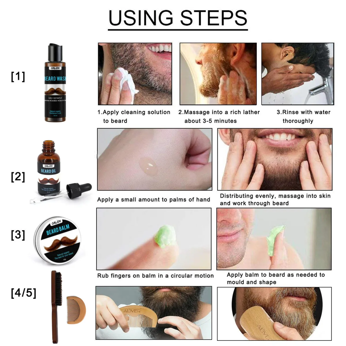 

6 Pcs/set Beard Suit Beard Comb Brush Cream Oil Beard Styling Care Cleaning Kit Brush Mustache Care for Men Grooming Gift