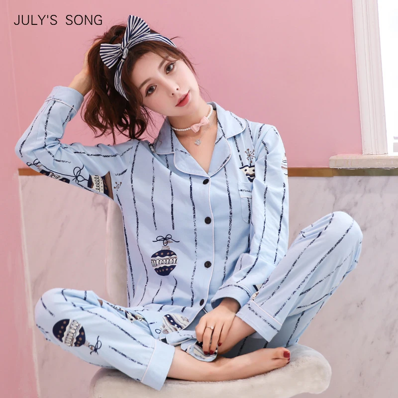 

Пижамный комплект JULY'S SONG женский из 2 предметов, хлопковая Розовая домашняя одежда в полоску с длинным рукавом, повседневный весенний женск...