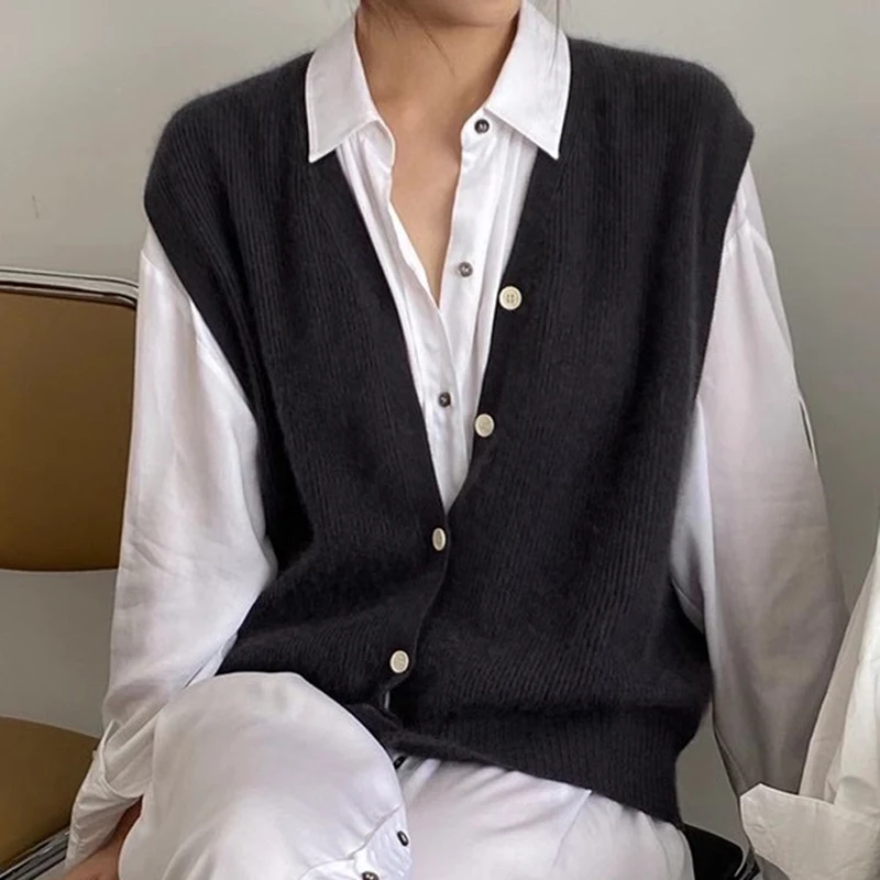 

Cardigan Sweater Vest Loose 2021 Autumn And Winter Wool Knitted Vest Sweater For Women Loose Solid Sleeveless Sweaters