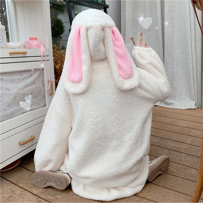 Japanese Lolita Women Sweet Warm Jacket Kawaii Soft Lambswool Ruffles Rabbit Ears Hooded Coats Cute Girls Parkas Winter Outwear