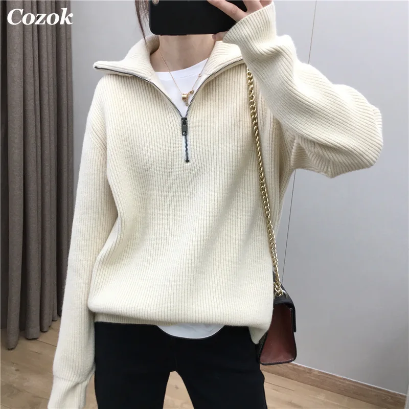 

COZOK Zipper Turn-down Collar Autumn Sweaters Women Cashmere Soft Loose Solid Female Knited Pullovers 2021new Thick Jumper
