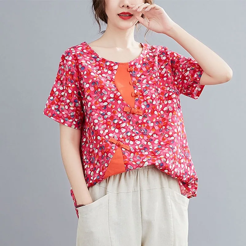 

Women Cotton Linen Casual T-shirts New Arrival 2021 Summer Vintage Style Floral Print Loose Comfortable Female Tops Tees S3094