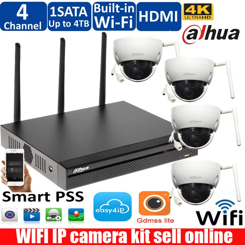 

dahua wireless wifi NVR4104HS-W-4KS2 Camera System with 4pcs 3MP DOME IP Wireless IR Night Vision Waterproof Outdoor Wifi Camera