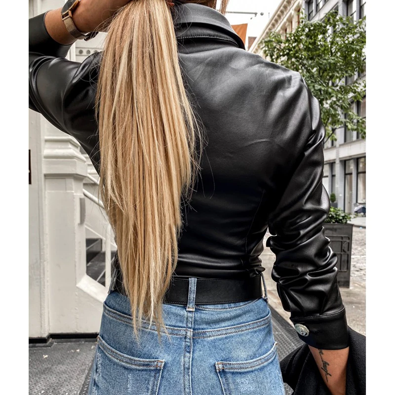 

Long Sleeve Turn Down Collar PU Leather Shirts Women Fashion Long Sleeve Black Fake Leather Shirts Tops PU Shirt Top
