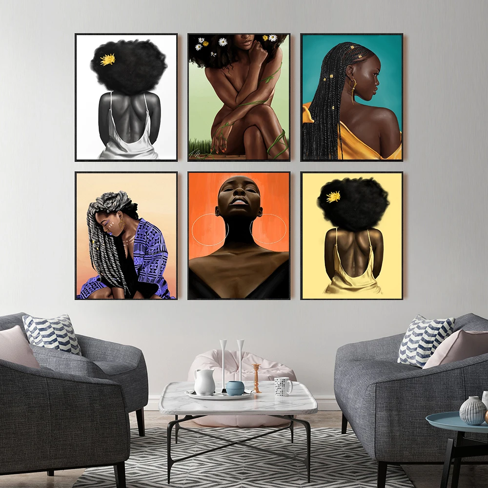 

Fashion Canvas Painting Black Girl Poster and Print Wall Art Pictures For Living Room Home Decor Afrocentric Female Portrait