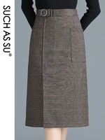such as su new women fall winter knit plaid skirts 2020 gray mid long high waist straight skirt s 3xl casual wrap skirt female