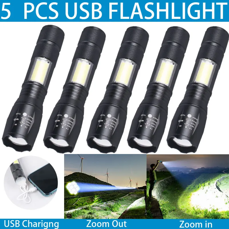 

5 шт. дешевый светодиодный фонарик, портативный мобильный Мощный USB Перезаряжаемый Фонарик, светильник онарь для кемпинга, приключений