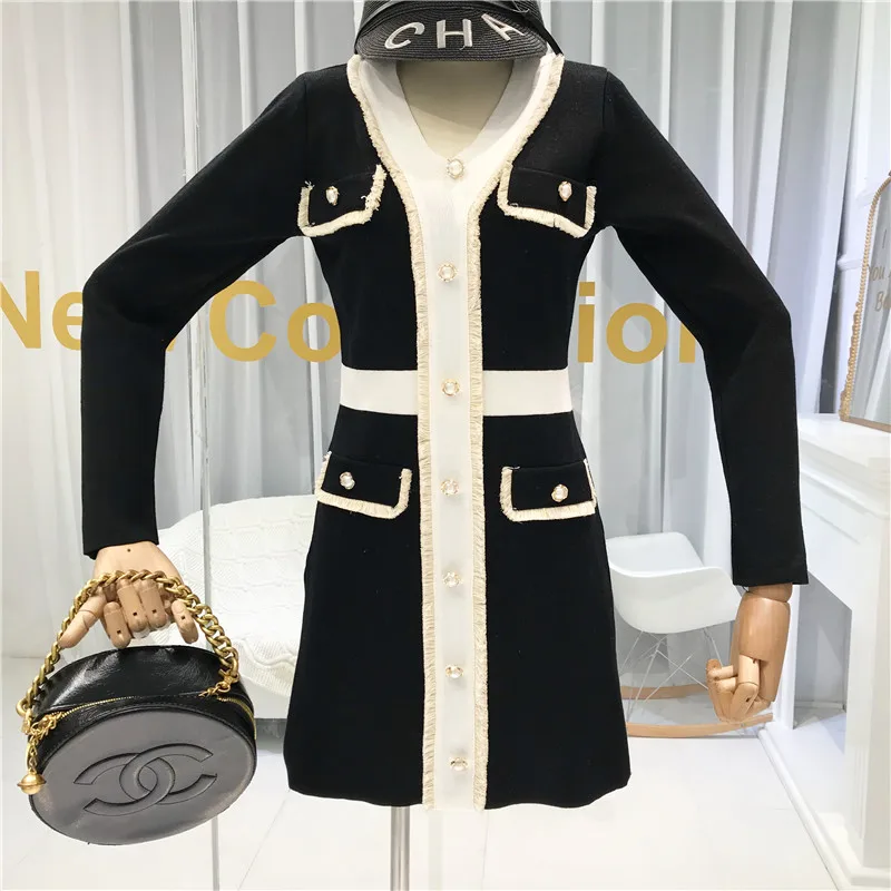ALPHALMODA осень новое французское вязаное платье с v-образным вырезом и длинным рукавом женское приталенное модное платье с искусственным карманом