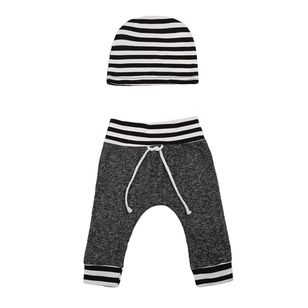 

Newborn Toddler Infant Baby Boys Girls Pants Striped Printed Bottom Casual Pants Hat 2Pcs