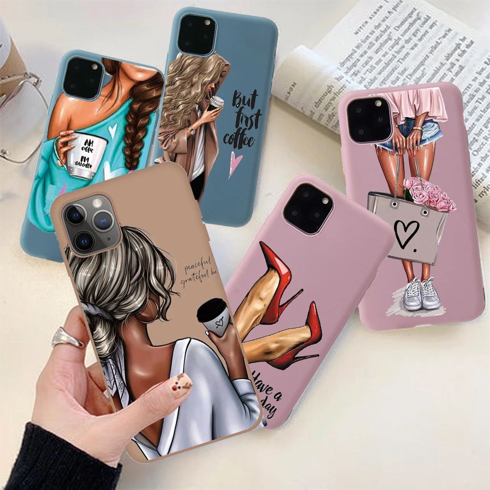 

Luxuxy Fashion Coffee Girls Phone Case For iPhone 13 12 11 Pro Max XS XR X 7 8 Plus SE20 6 Soft Candy Silicone Matter Cover Capa