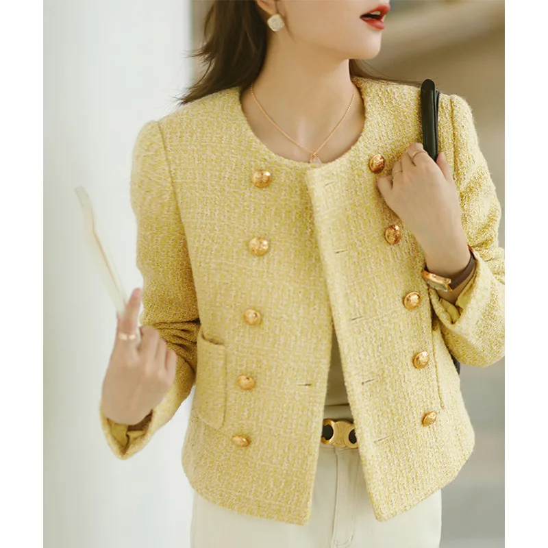 Женская твидовая куртка с круглым вырезом элегантная двубортная для ранней