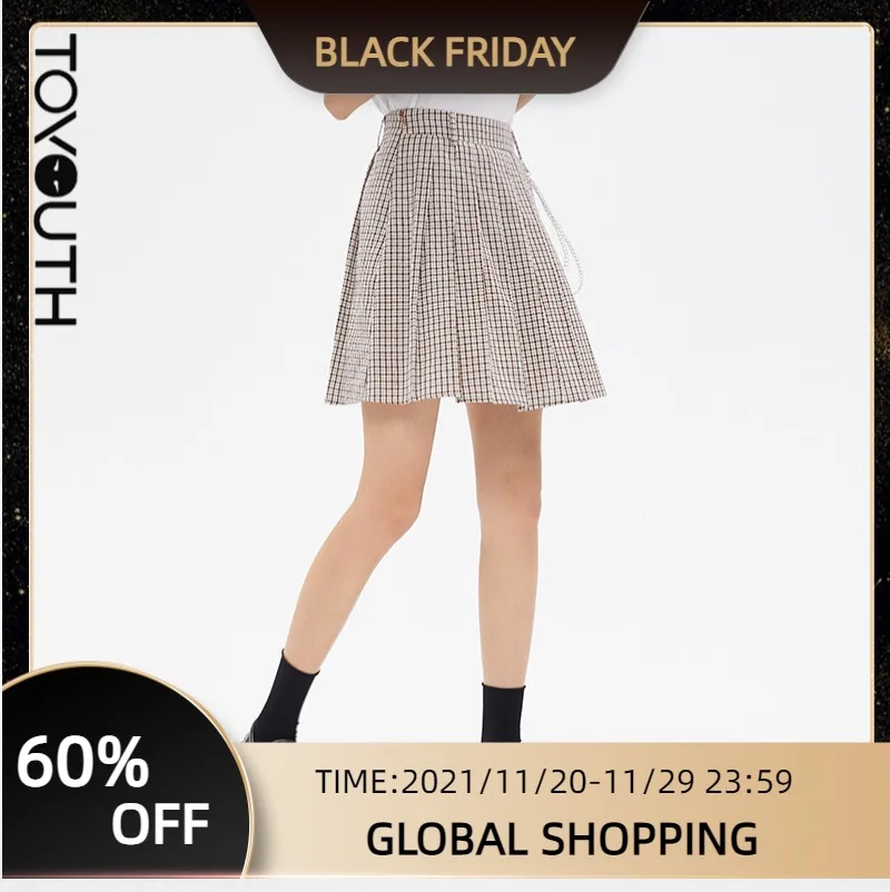 

Toyouth Women Skirts 2021 Summer Pleated Lining Plaid Checked Chill Preppy Style Mini Skirts