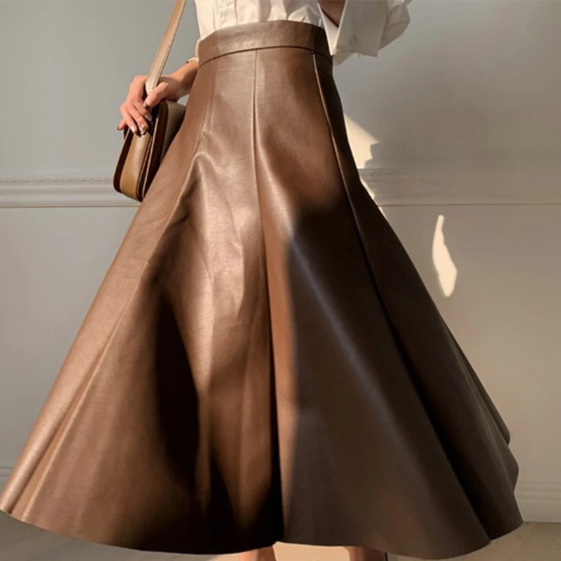 

Faux Leather A-line Women's Skirt PU Elegant High Waist Female Skirts 2021 Winter Autumn Black Office Ladies Bottomn