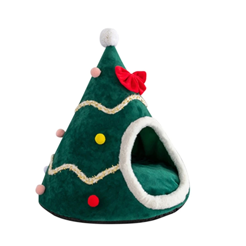 

Year Decor Dog Cat Soft Warm Nest Bed Christmas Tree Shape Pet Dog Cat Cave House Sleeping Bed Plush Cat Cushion Nest