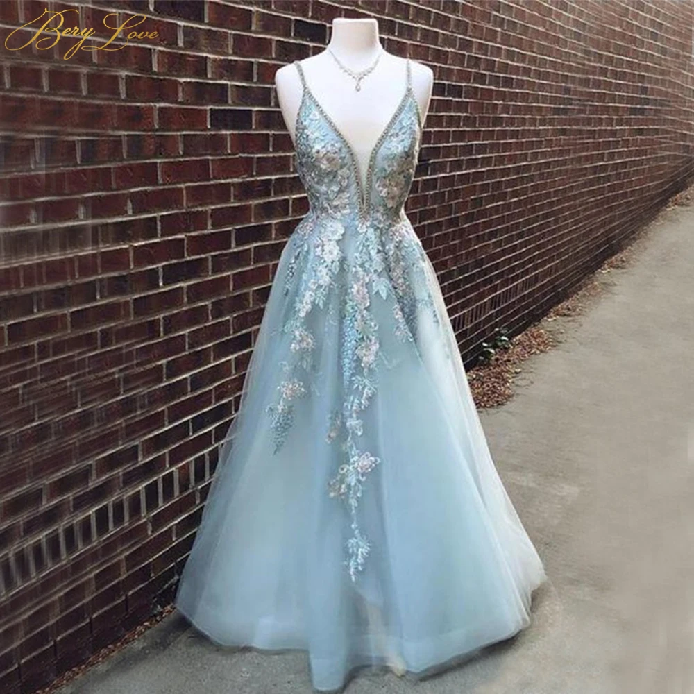 BeryLove/Голубое милое платье для выпускного вечера, светильник года, ТРАПЕЦИЕВИДНОЕ красивое кружевное платье с аппликацией, v-образным вырезом и открытой спиной, вечерние платья для девочек, фатиновое платье феи