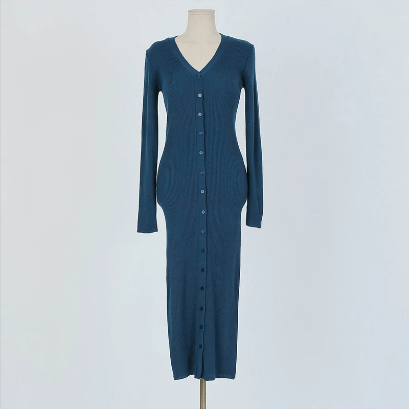 

Female V-neck Full Sleeve Sashes Stretch Knitted Vestidos Knit Dress Elegant Single Breasted bodycon dress Women Sweater Dress