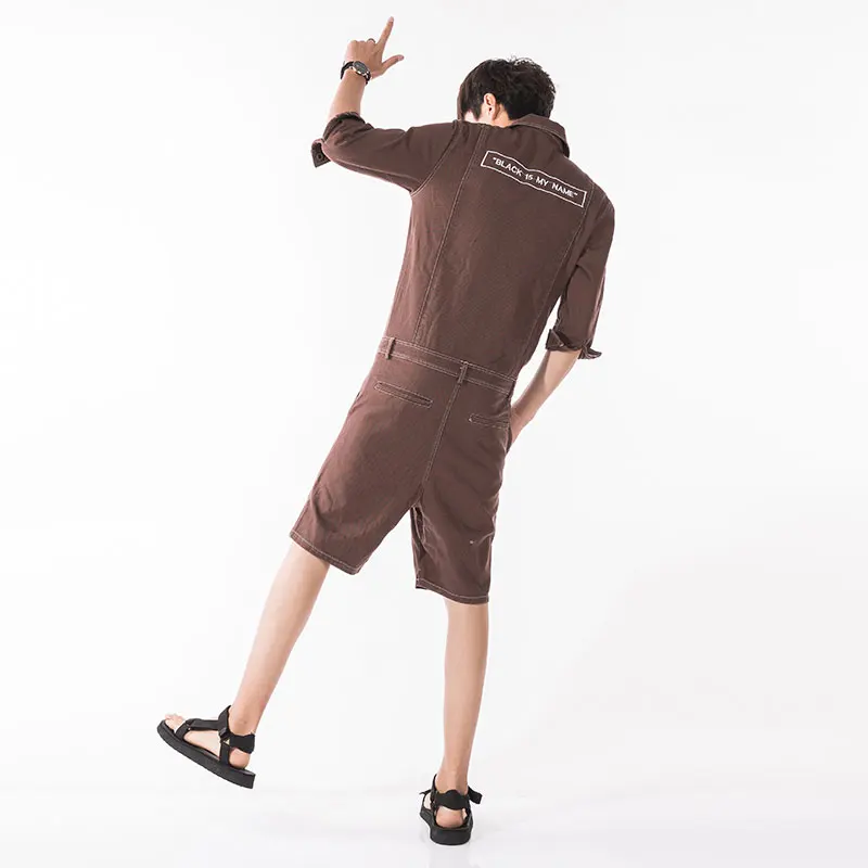 Summer Fashion Man Jeans Shorts Bib Overalls Streetwear Lapel Letter Denim Jumpsuits Trousers Leisure Brown Blue Freight Pants