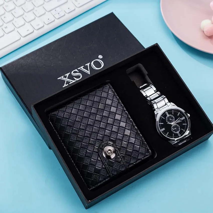 Для мужчин часы 2 шт./компл. подарочный набор мужской бумажник с двумя отделениями
