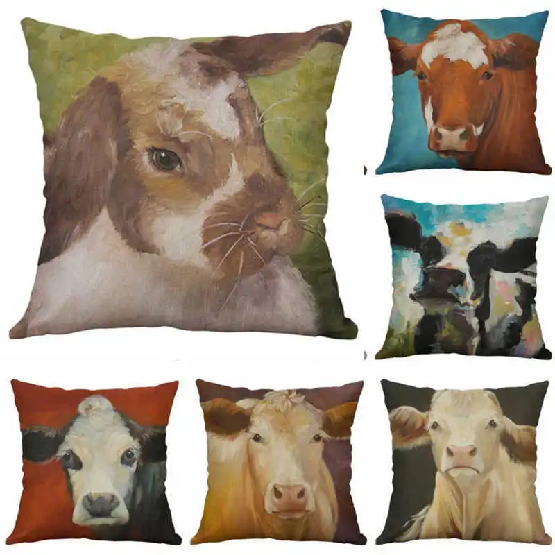 Drawing Home Cotton Linen Pillow Cow New Sofa Cover 18" Case Cushion Decor
