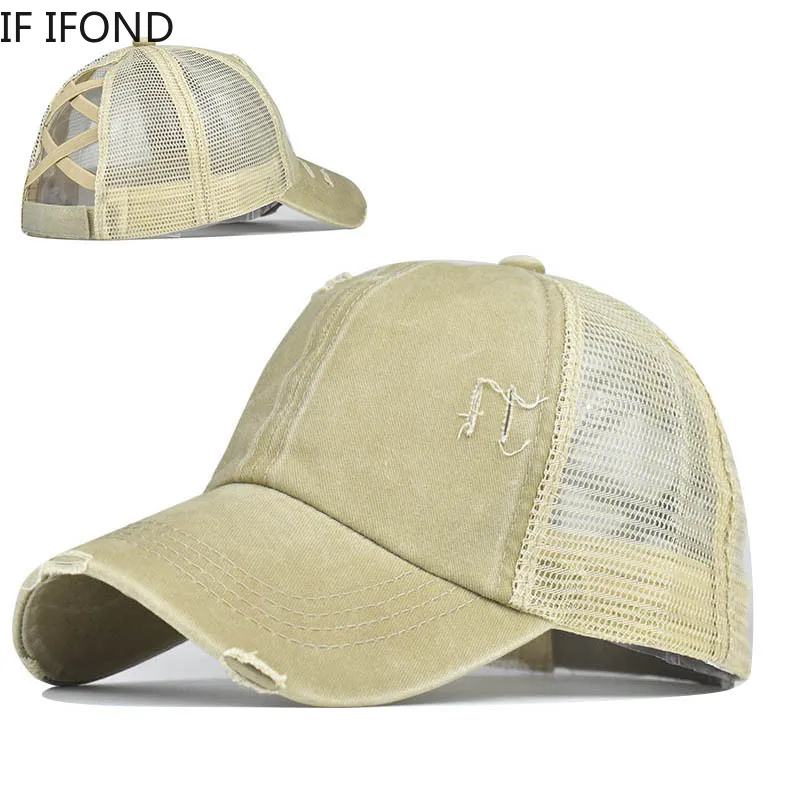 

Women Distressed Washed Cotton Ponytail Baseball Cap Trucker Caps Casual Summer Mesh Snapback Hat 2020 New