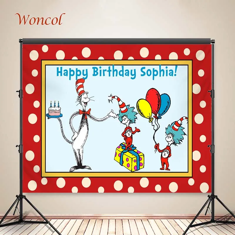 

Woncol Cat in Hat Photo Backdrops Happy Birthday Photography Backgrounds Dr Seuss Red Decor Banners Vinyl Photo Studio