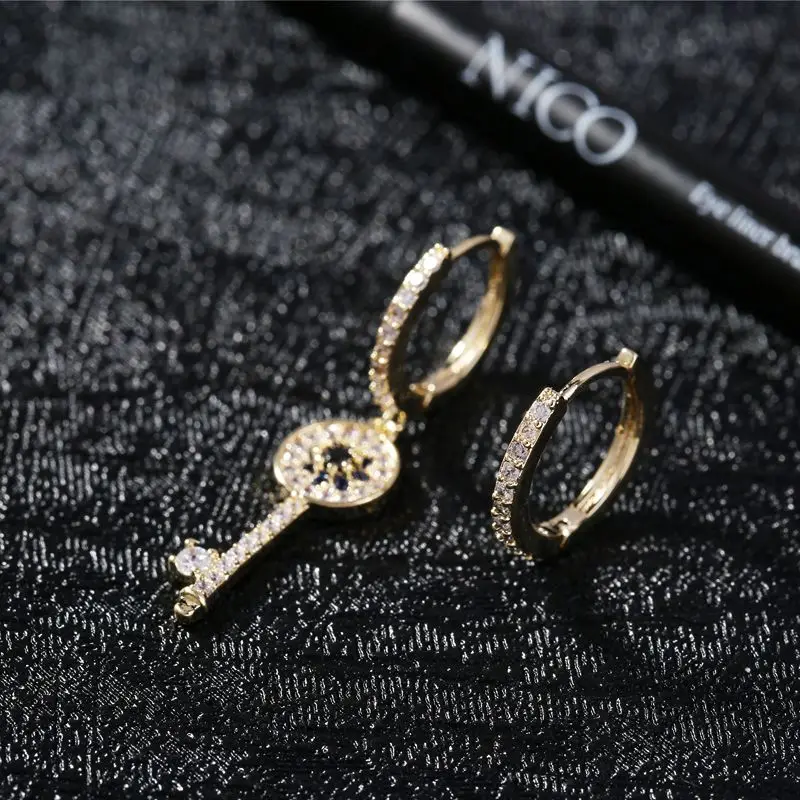 MIGGA ассиметричные Evil Eye Key золотистые серьги-подвески цвет микро украшенное кубическими камнями циркониевые серьги для женщин