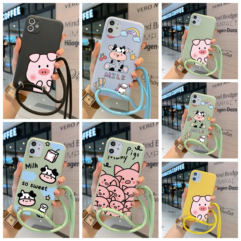 

For Iphone 11 Protective Case With Free Lanyard Pro MAX Silicone Soft Carcasas Cartoon Personality Girl Thin Apple 11 Case Cover