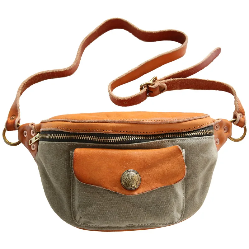 

SIMLINE Canvas And Genuine Leather Messenger Bag For Men Luxury Vintage Casual Cowhide Small Shoulder Crossboday Chest Bags Male