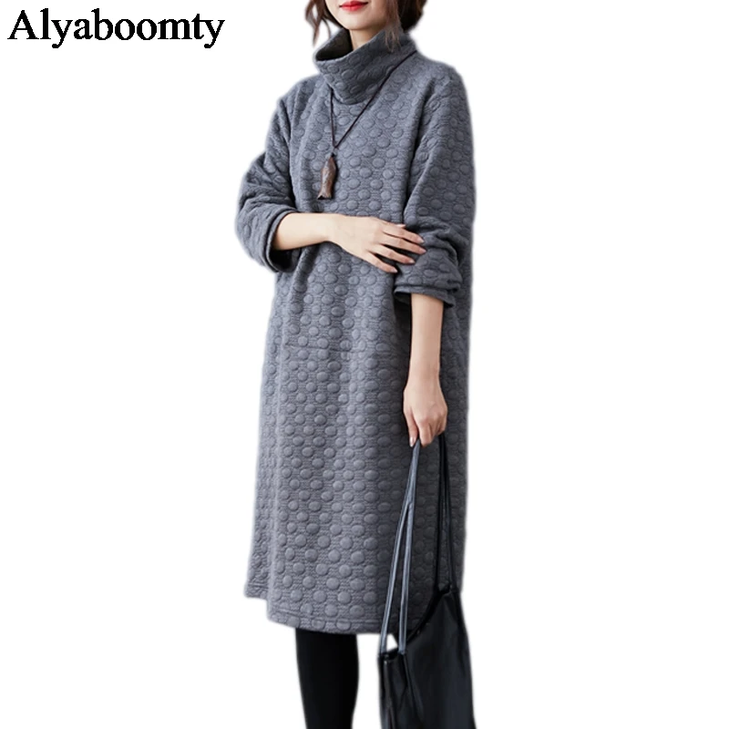 

Korean Style Plus Size Autumn Winter Women Dress Turtleneck Gray Polka Dot Oversized Thick Dress Vintage Loose Feminine Tunic