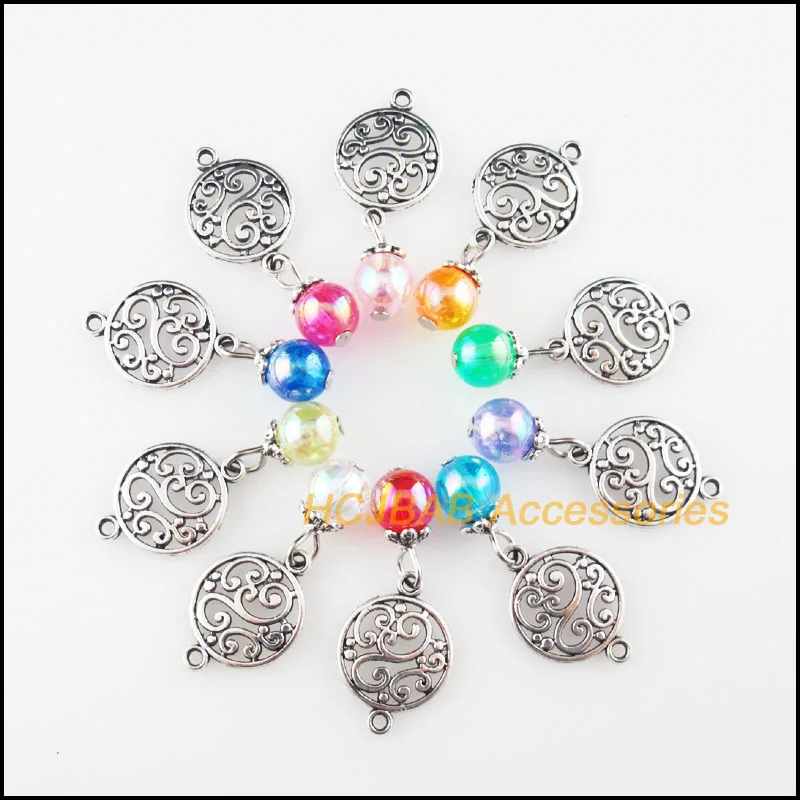 

20Pcs Tibetan Silver Tone Circle Flower Mixed Round Acrylic Mirage Beads Charms Pendants 14x34mm