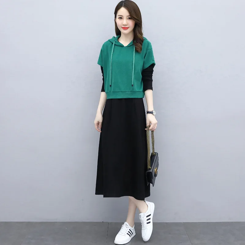 

Casual Fashion Set Dress Long Sleeve 2020 Autumn New High-End Temperament Loose plus Size Two-Piece Suit Skirt