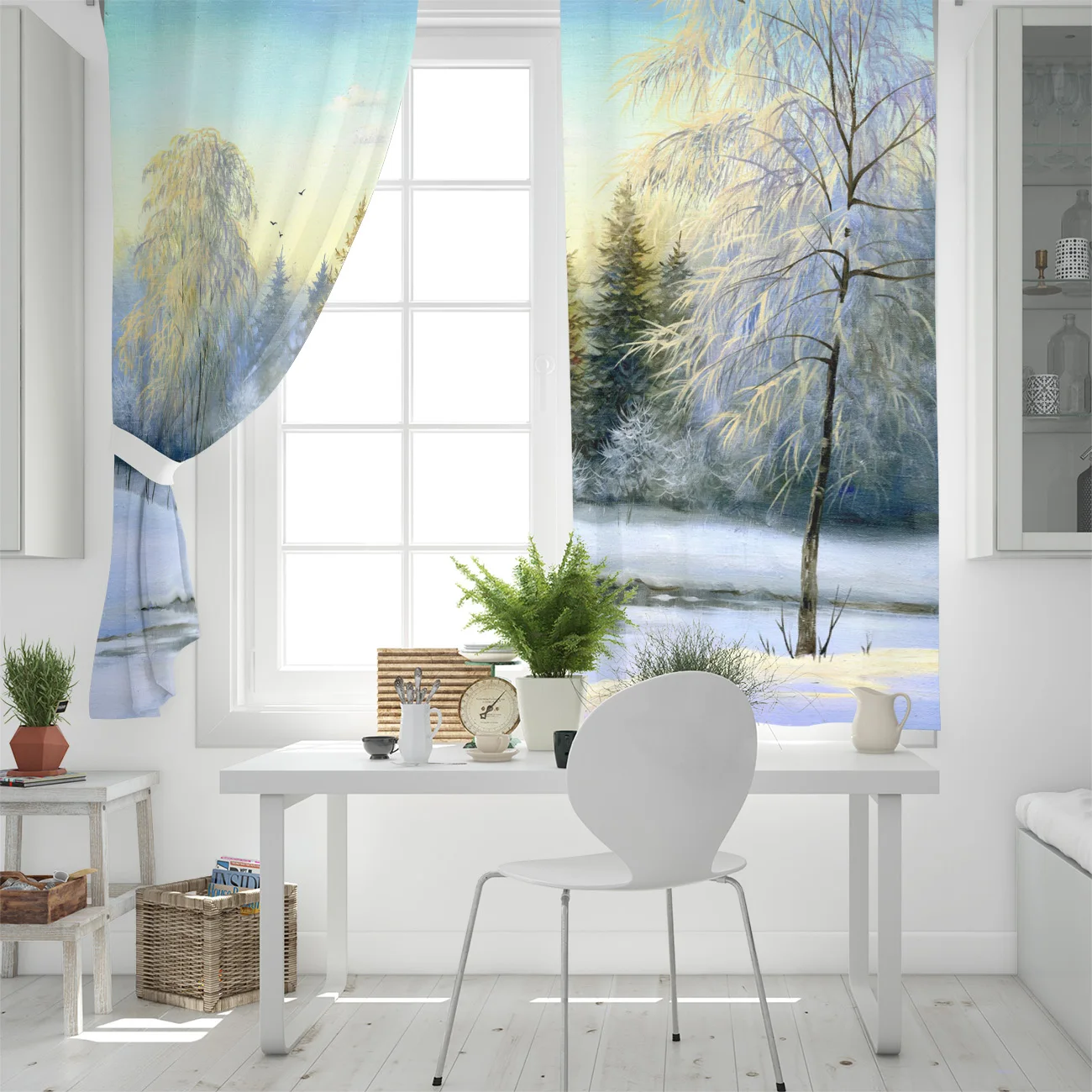 Winter Snow Lake Woods Jungle Birds Beautiful Cloud Window Curtains Living Room Curtain Rod Kitchen Drapes Fabric Home Decor |