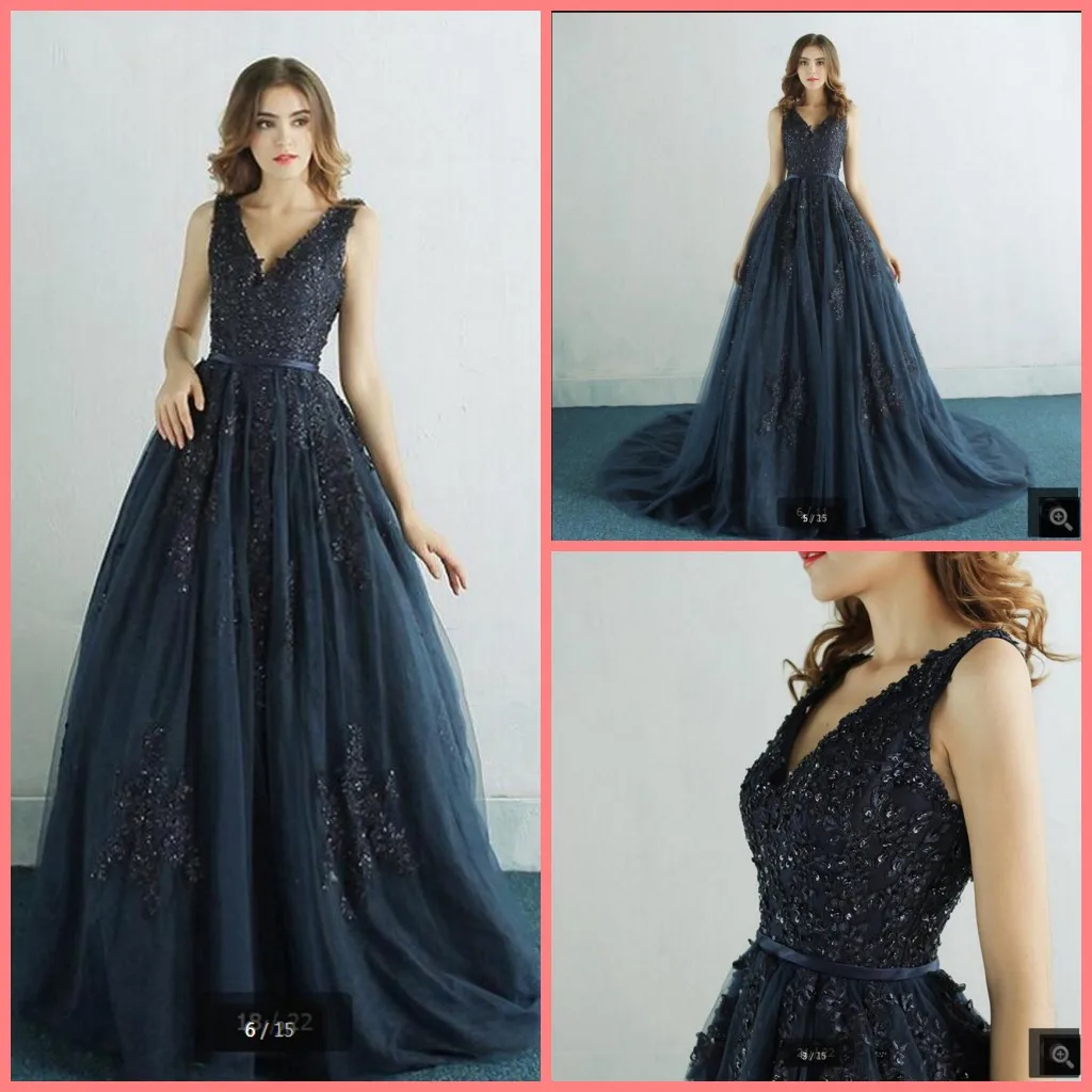 

2021 Vestido De Festa navy blue a line prom dress sleeveless v neck lace appliques beaded prom gowns court train party dresses