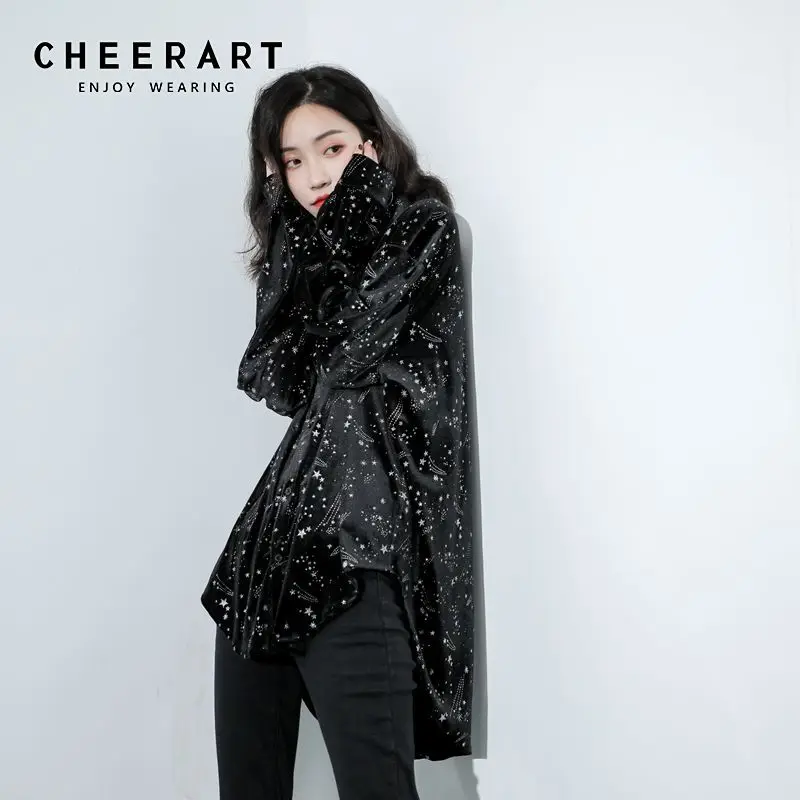 CHEERART черные женские топы и блузки с принтом звезды длинные рукава высокая низкая