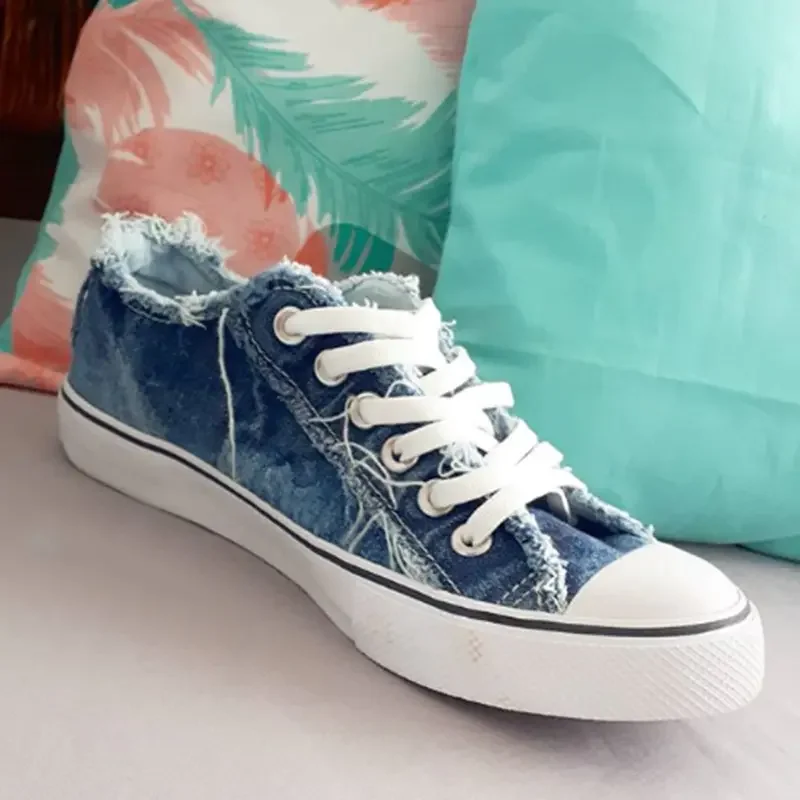 

New Women's Shoes Classic Solid Color Denim Canvas Round Toe Flat-heel Lace-up Comfortable and Fashionable Casual Sneakers KM208