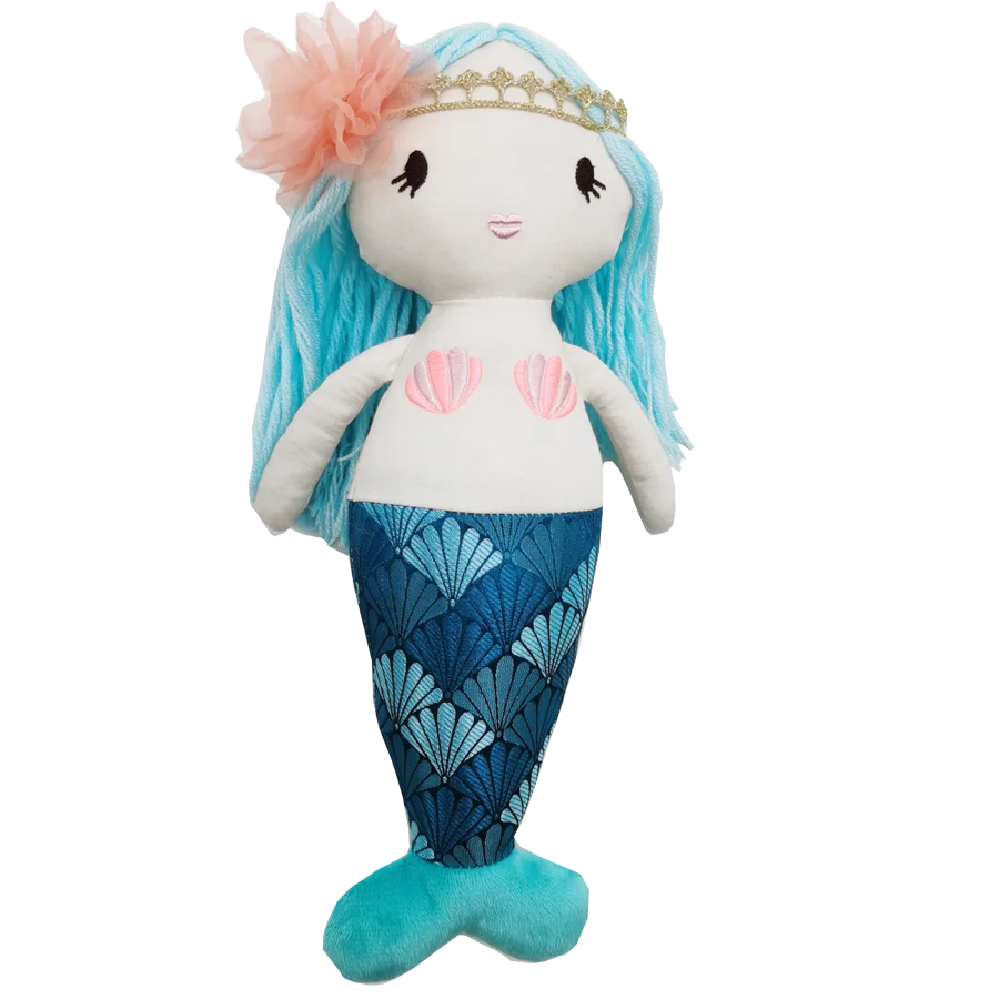 

Adorable Mermaid Plush Toys With Blue Hair Handmade Cuddle Mermaid Baby Princess With Lace Headband Stuffed Soft Cloth Toys