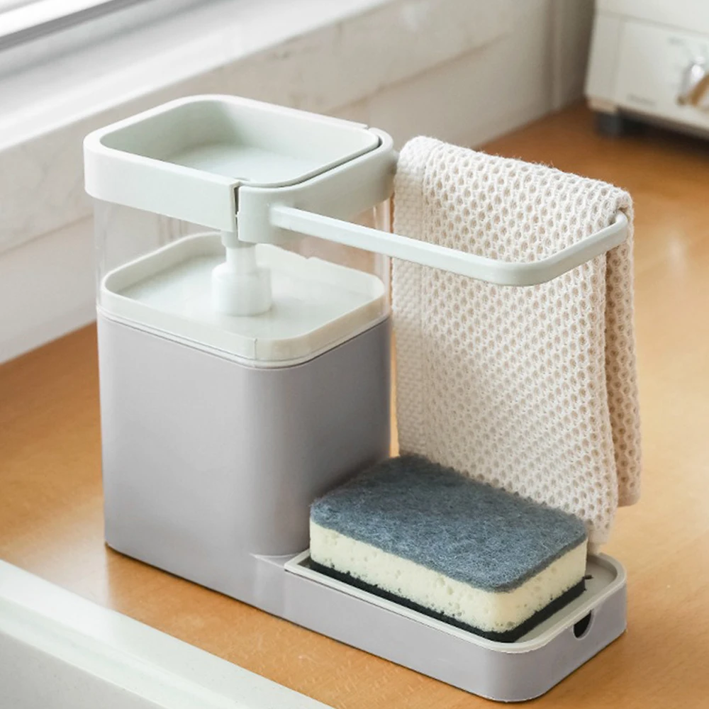

Kitchen Storage Shelf 3-in-1 Soap Dispenser Liquid Container Sponge Holder Dishcloth TowelSponge Cleaning Towel Organizer Tool