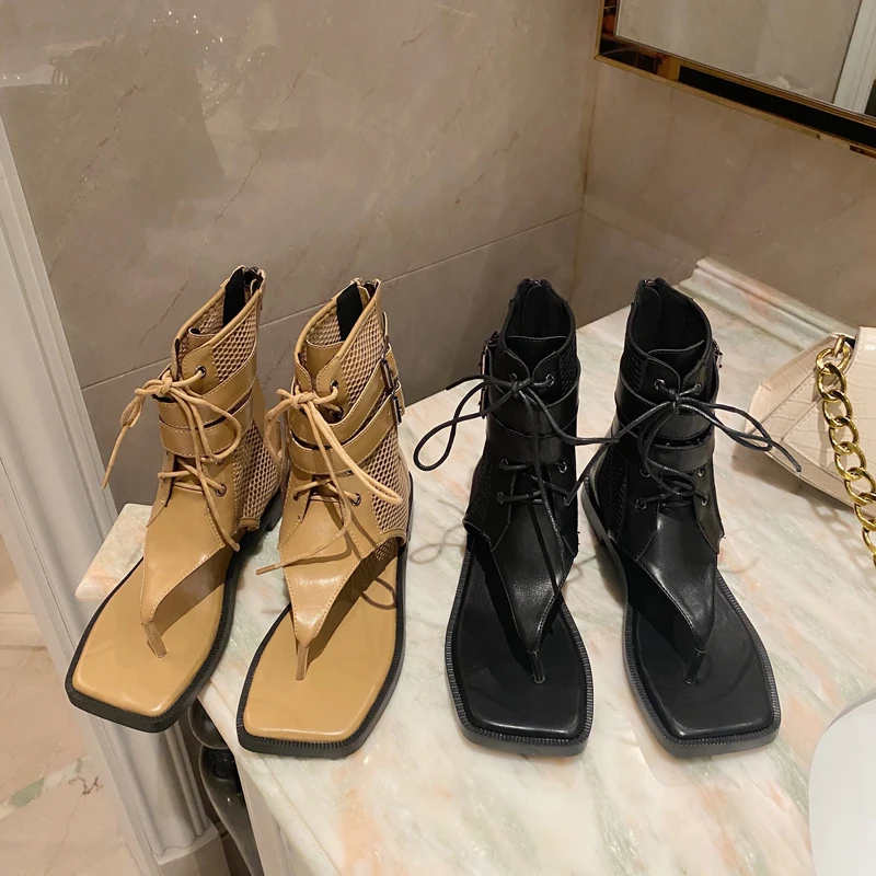 

Ladies Ankle Boots Summer Platform Shoes Punk Mesh Gladiator Sandals Women Flip Flops Fashion Mid-Calf Cross Strappy Wedges