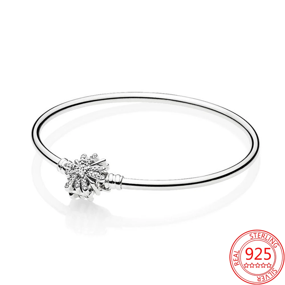

Classic 925 Sterling Silver Bangle Winter Irregular Snowflake Sparkling Firework Charm Bracelet Valentine's Day Gift
