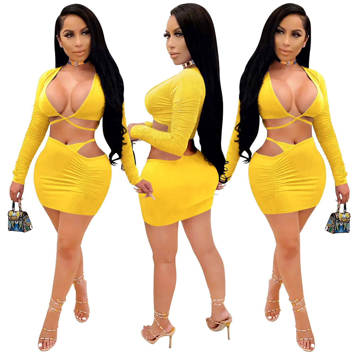 

2021 Spring and Summer New European and American Women's Sexy Cross Strap Bag Hip Skirt Long-sleeved Two-piece Female