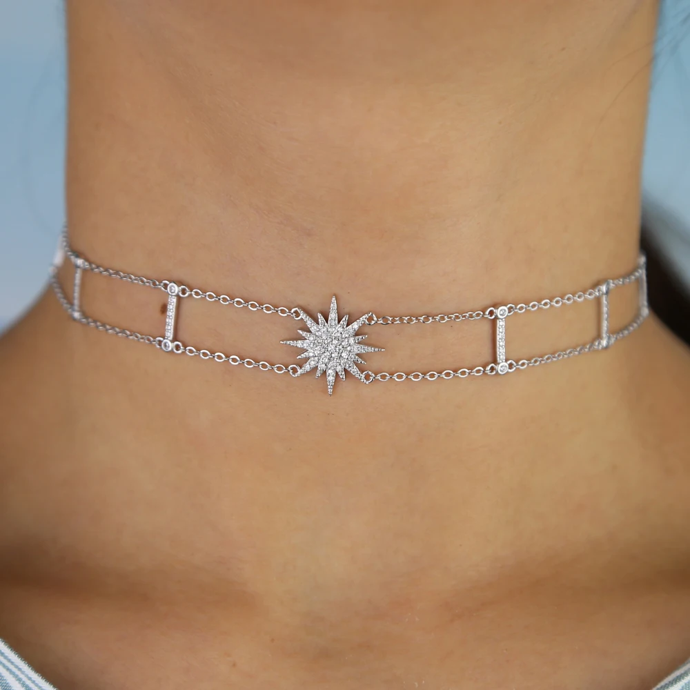 Starlight starburst, northstar, очаровательное колье, ожерелье, двойное, cz, станция, цепь, чокеры, элегантность, рождественский подарок, ювелирное изделие, мода