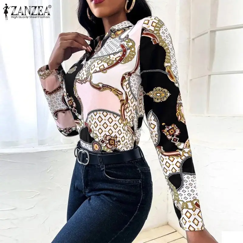 

ZANZEA Bohemian Women Retro Elegant V-Neck Blouse Printed Long Sleeve Slim Blusa Femme Clothing Office Party Chemise Shirt Tops
